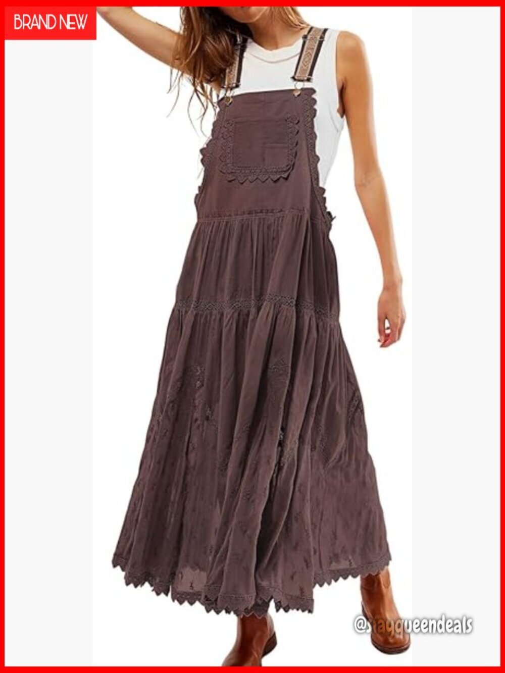 Lace Embroidered Maxi Dress with Pockets Adjustable Strap Swing Long